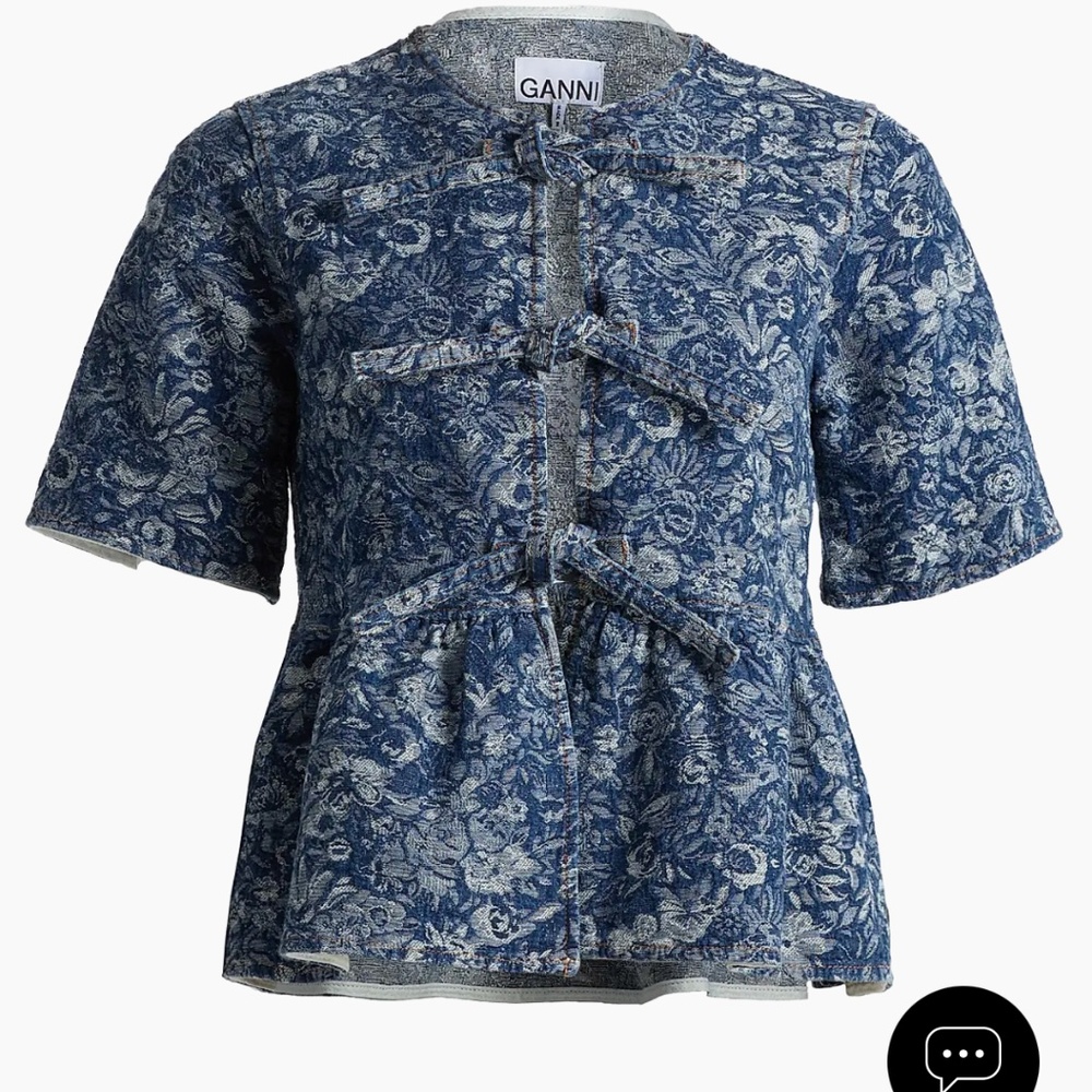 Ganni Tapestry Tie Denim Blouse Size 38